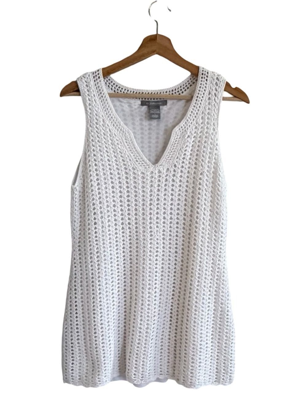NY Collection Womens Open Knit Crochet Tunic Top Dress Size L White Boho Beachy